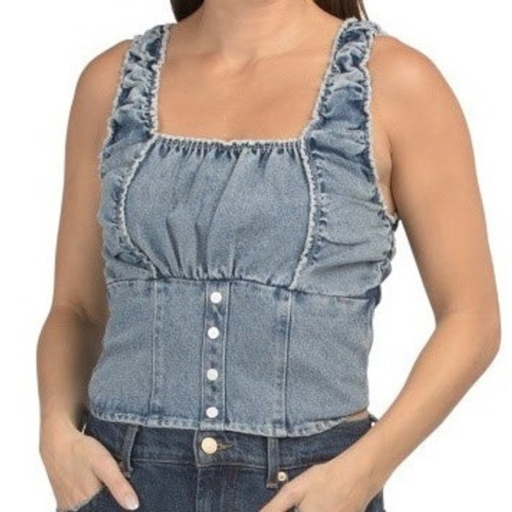 Le Lis Denim‎ Corset Top Womens M Blue Acid Wash Ruffle Smocked Y2K Trendy NWT
